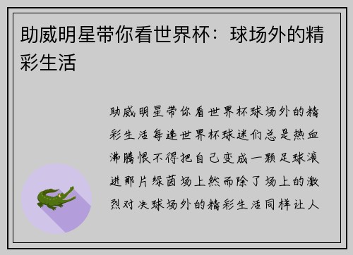 助威明星带你看世界杯：球场外的精彩生活